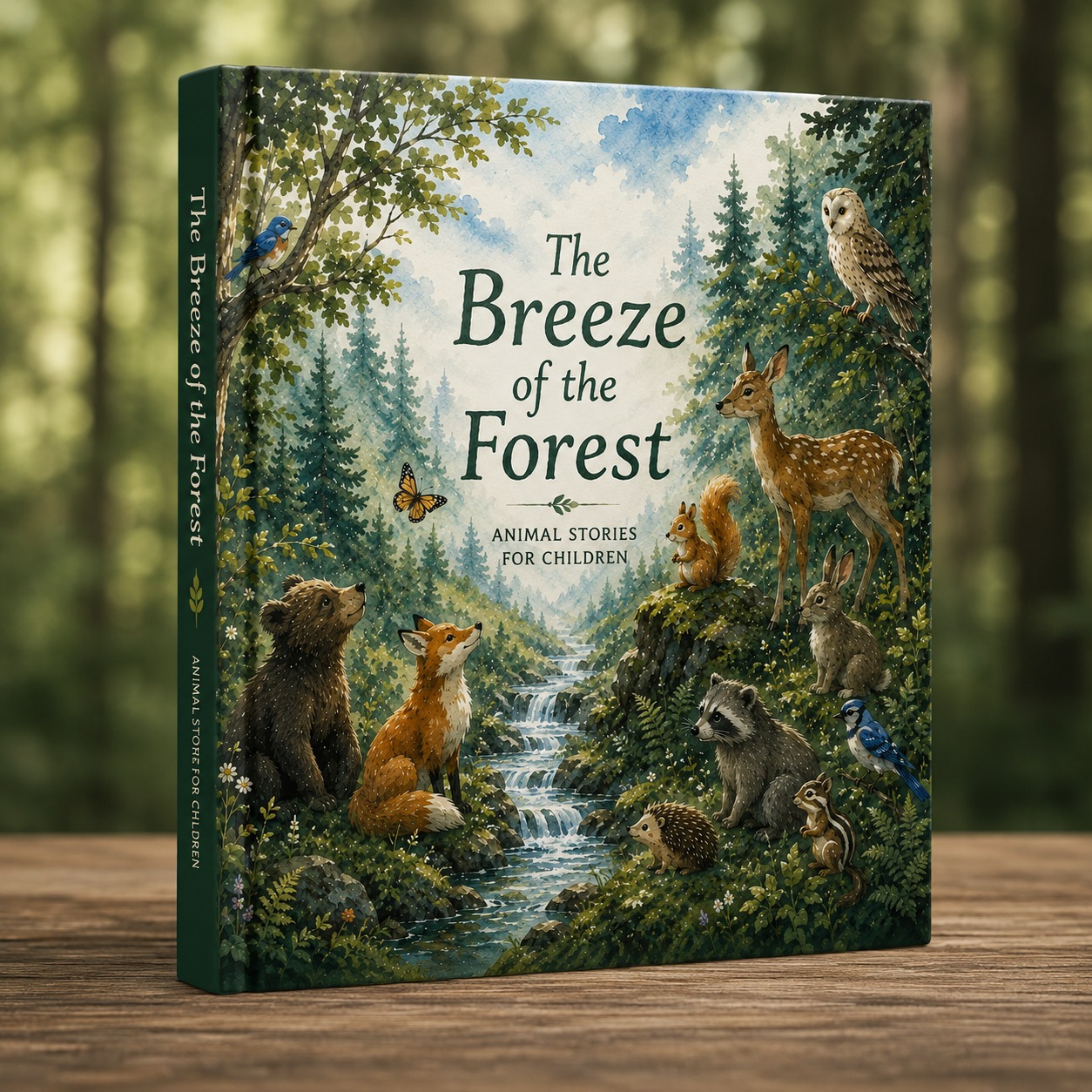 The Breeze of the Forest — hardcover book cover showing a watercolor forest scene with a fox, bear cub, deer, owl and other woodland animals