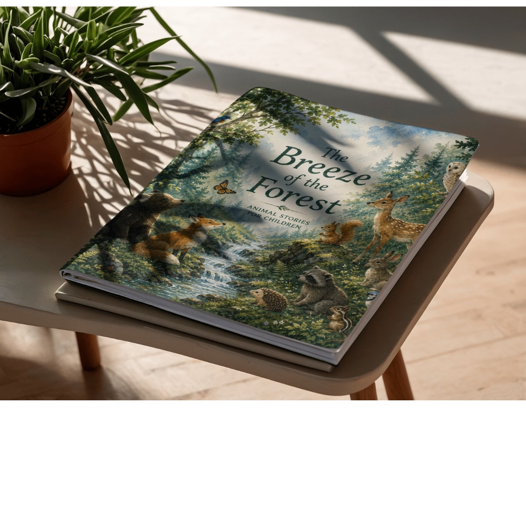 The Breeze of the Forest paperback resting on a wooden table beside a leafy plant in warm sunlight