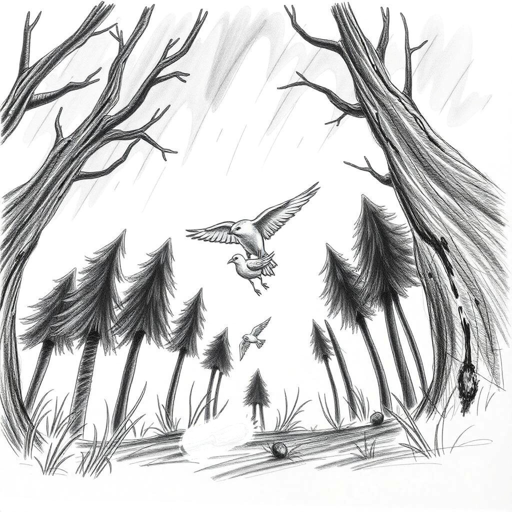 Pencil sketch of birds flying through a stormy forest of pines