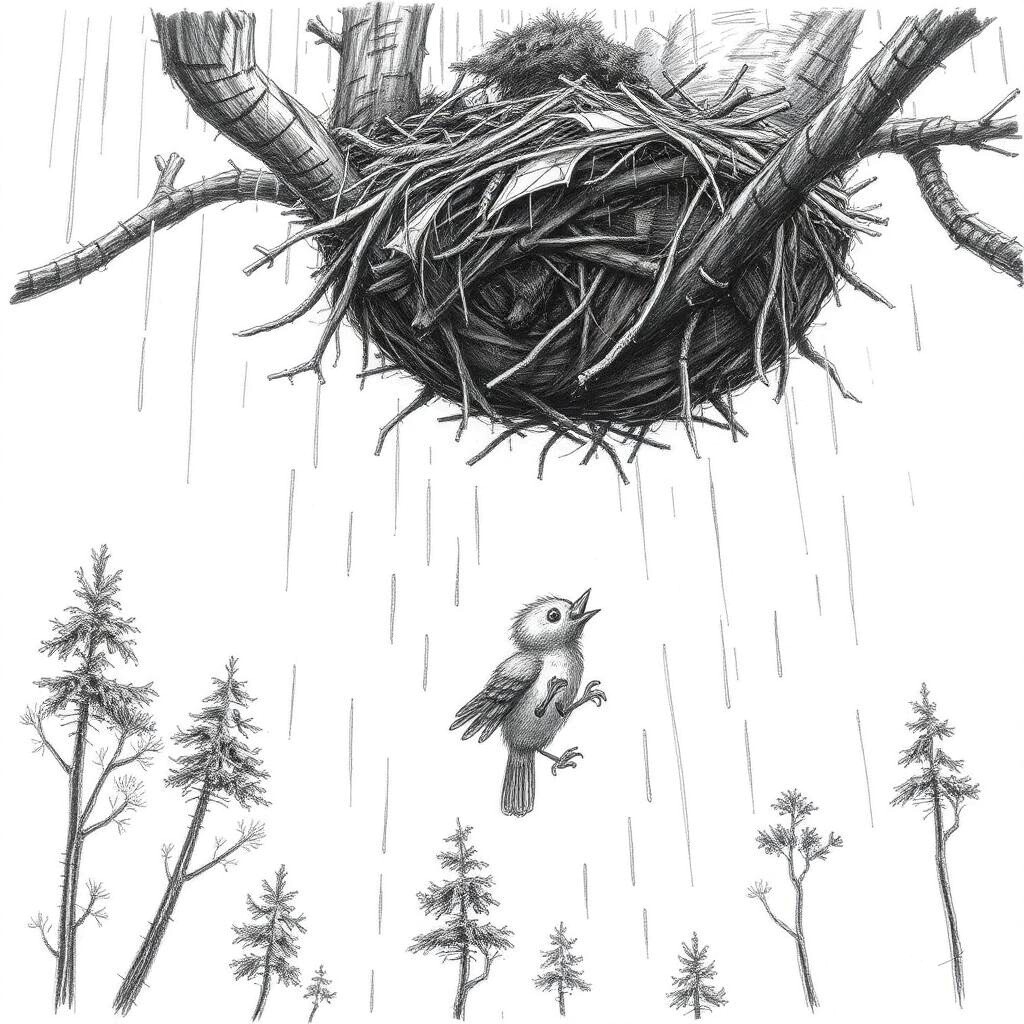 Pencil sketch of a fledgling bird beneath a nest in the falling rain