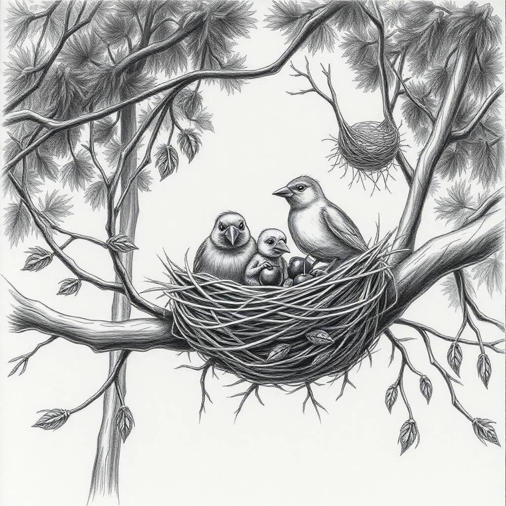 Pencil sketch of a bird family gathered in a nest high in the branches