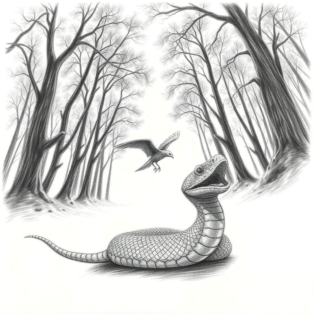 Pencil sketch of a snake facing a hawk swooping through bare winter trees