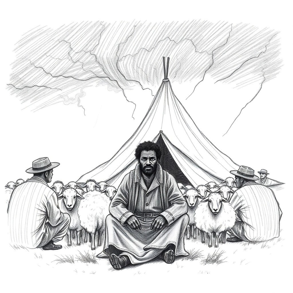 Shepherd with goats gathered around a tent
