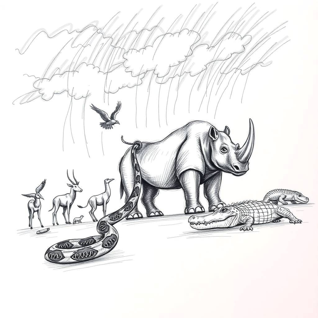 Snake and birds with clouds and rain