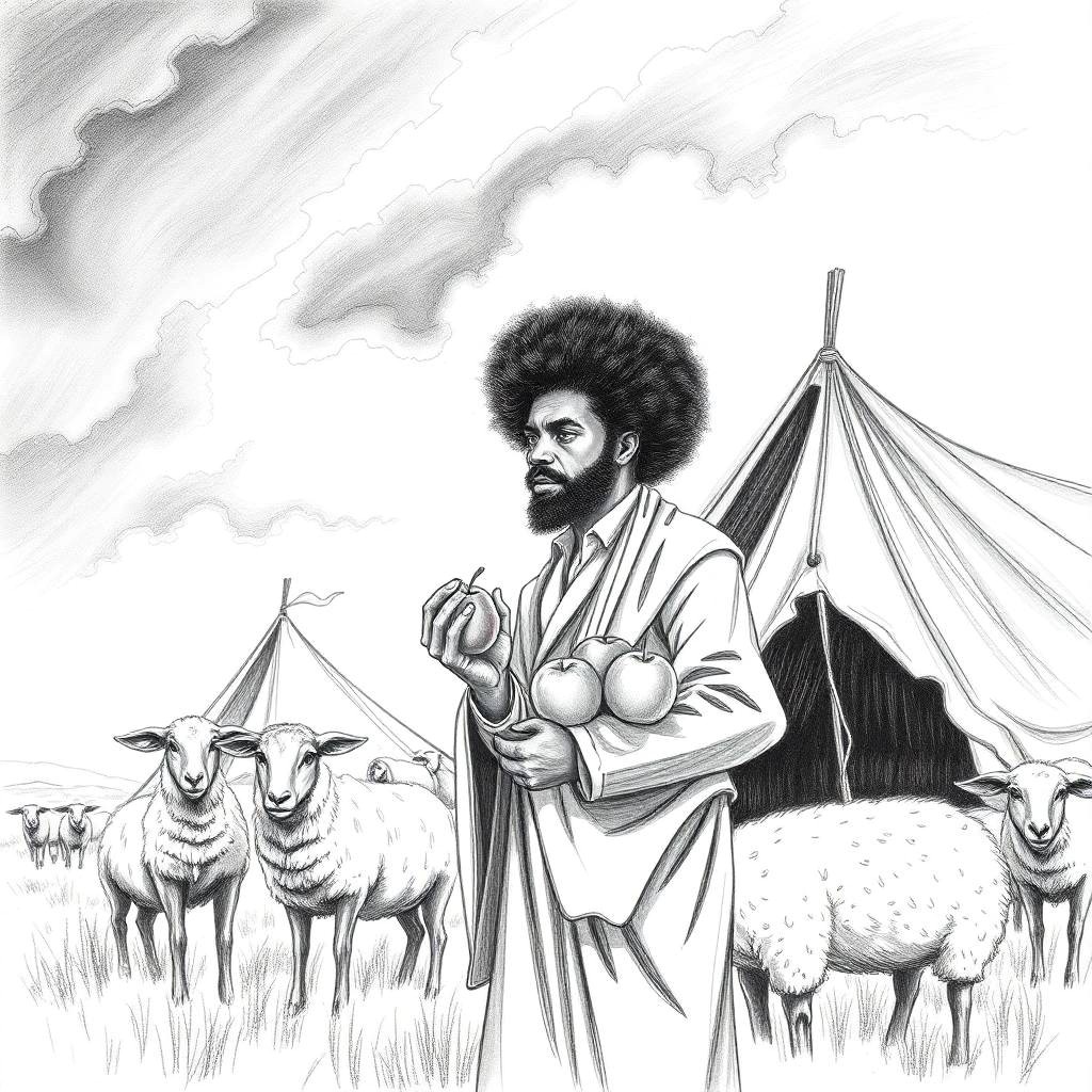 Person with fruits and shepherd with goats and tent