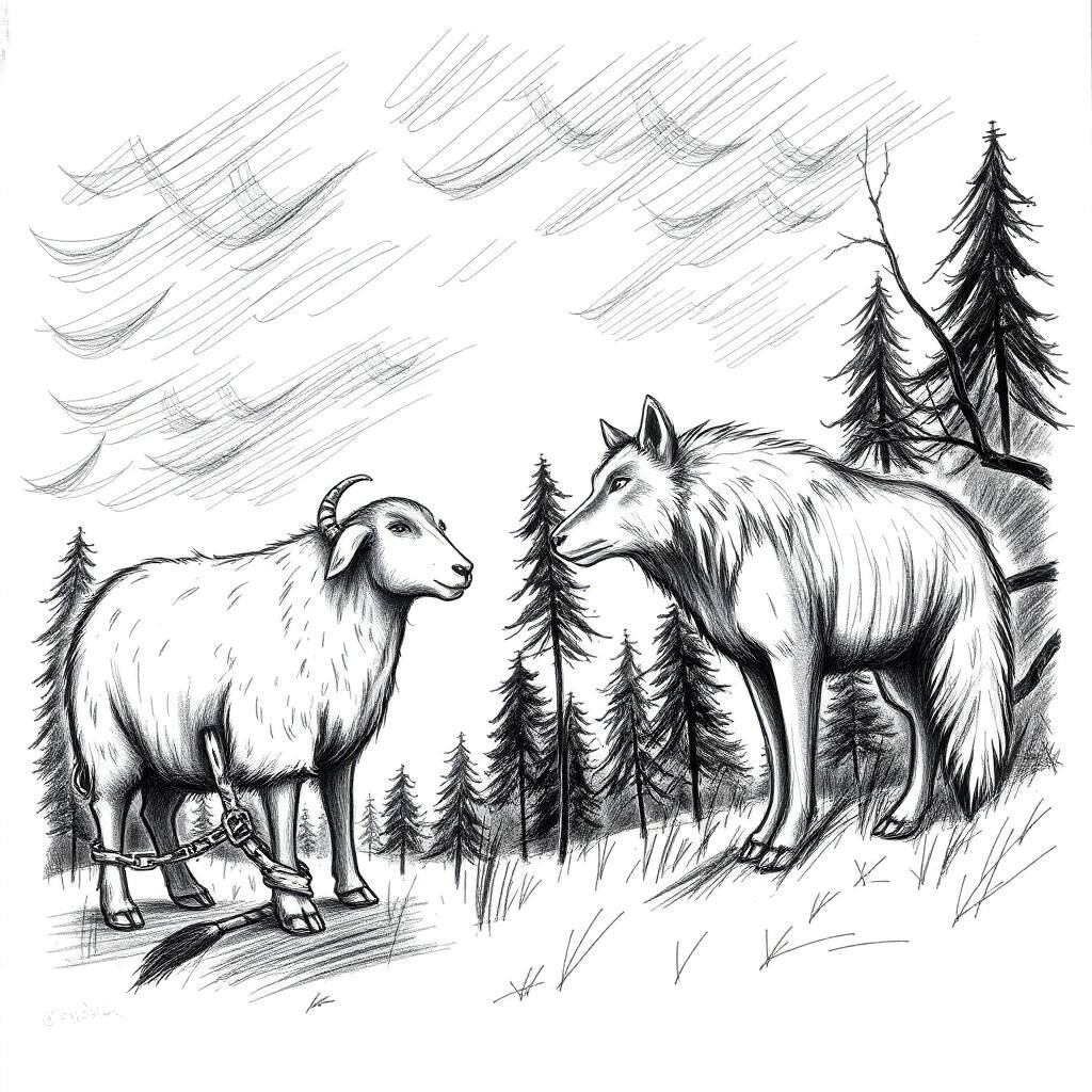 Goat and deer in forest with pine trees
