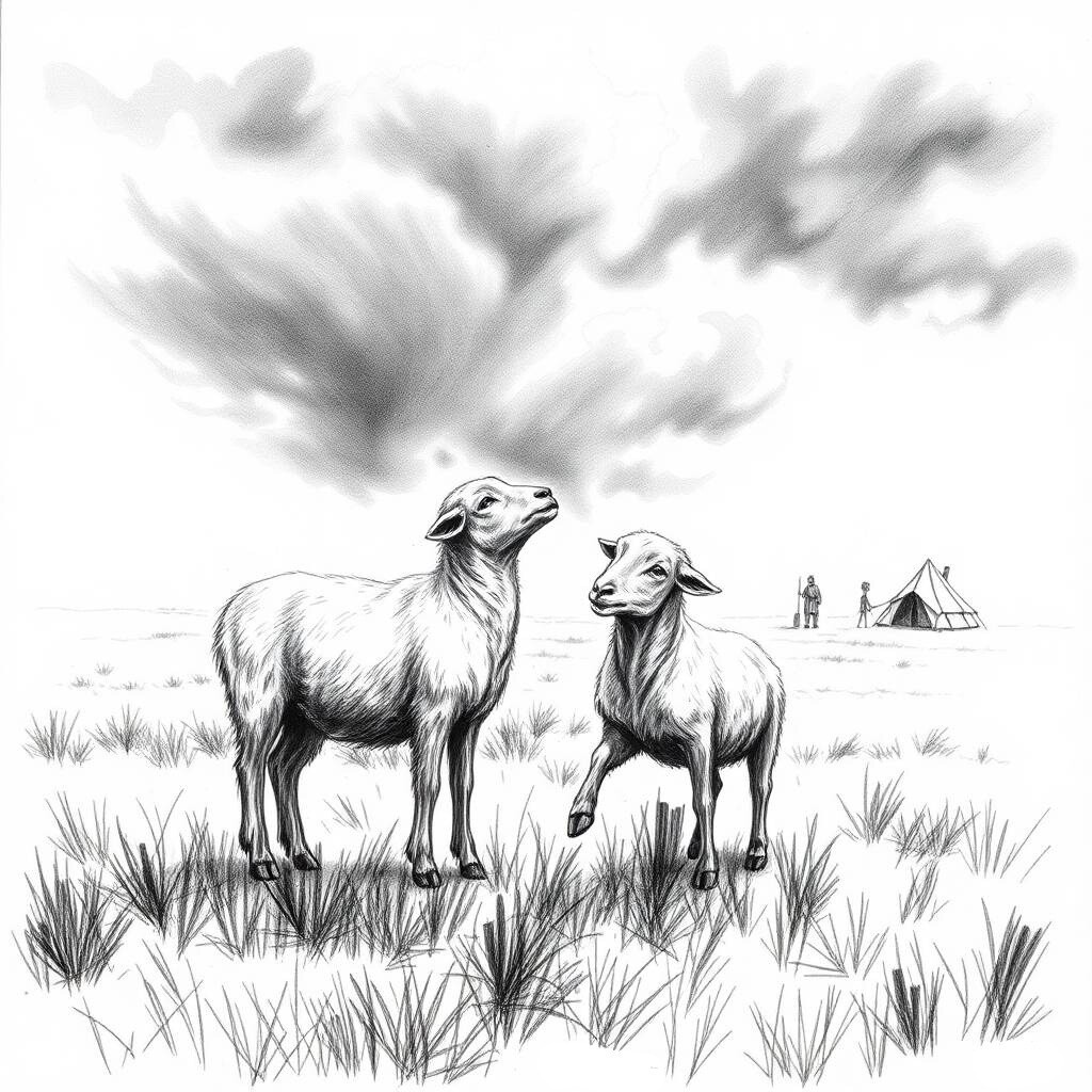 Two camels in pastoral landscape with tent