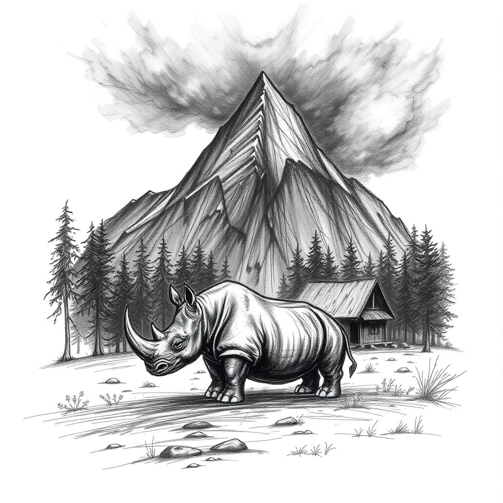 Rhino in landscape with mountain and forest