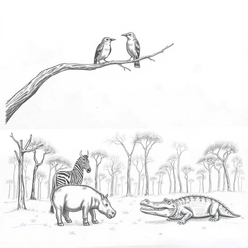 Two birds on a branch with hippopotamus and crocodile in forest