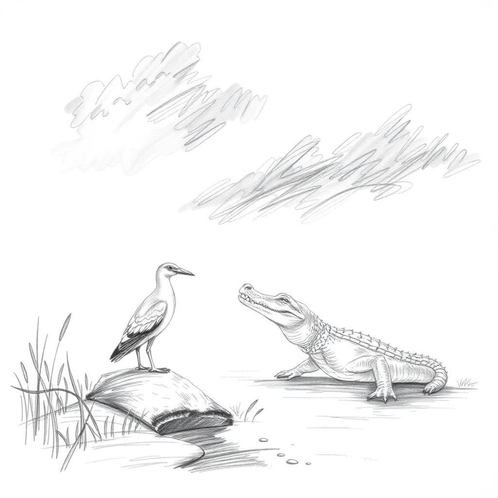 Heron and crocodile in natural setting