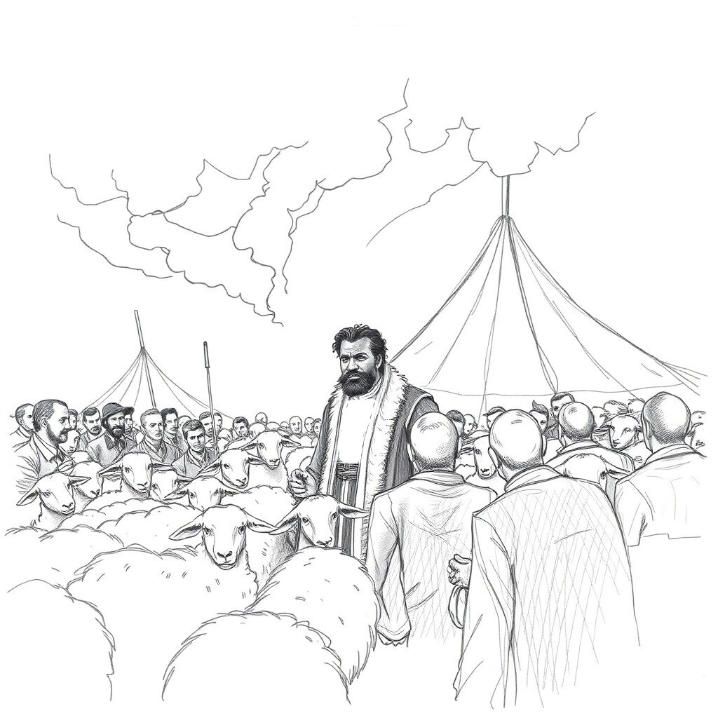Man in traditional clothing with goats and tent
